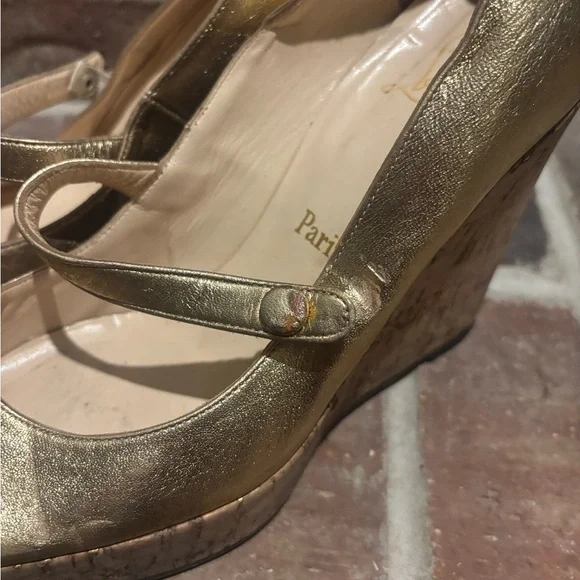 Christian Louboutin Metallic Gold Leather Cork Platform Wedge Mary Jane - Picture 11 of 16